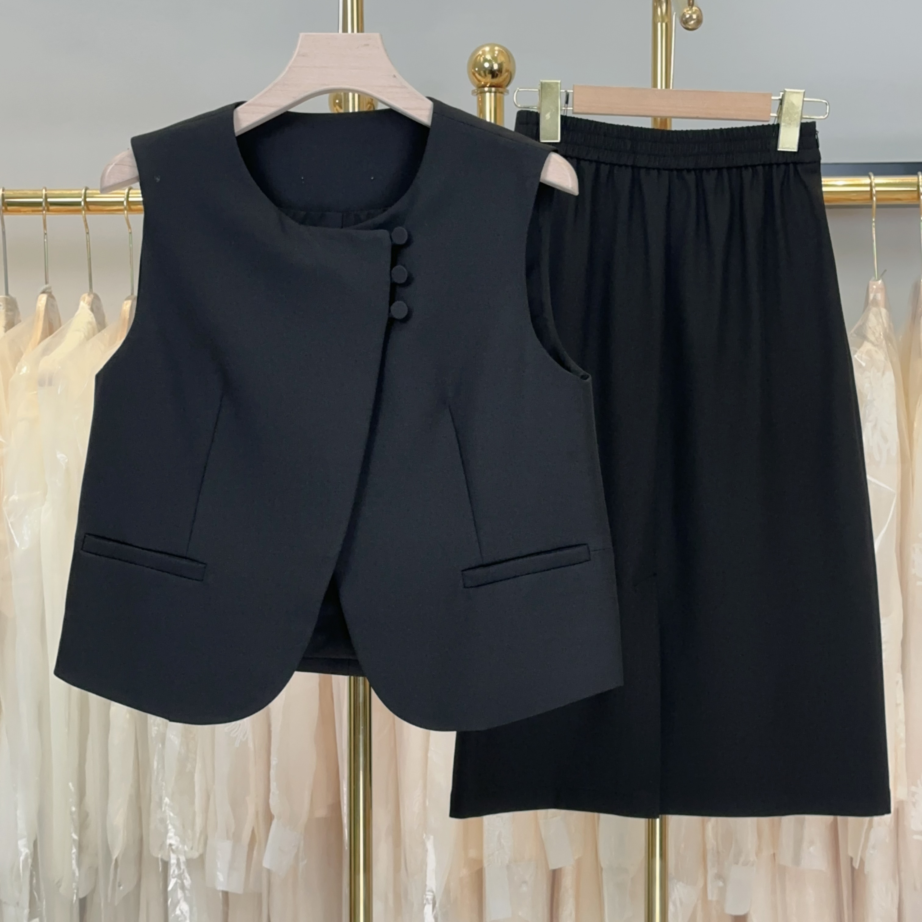 【RG5237】气质时尚休闲百搭夏季黑色无袖显瘦复古简约宽松修身套装