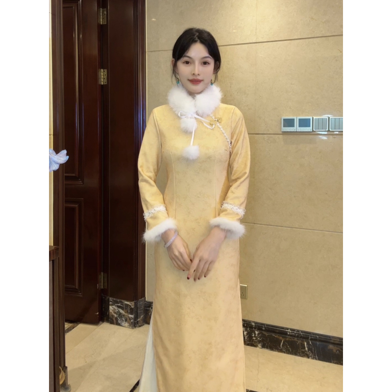 球球夫人丨秋露）125cm冬季加绒长袖后拉链黄色清冷百搭旗袍