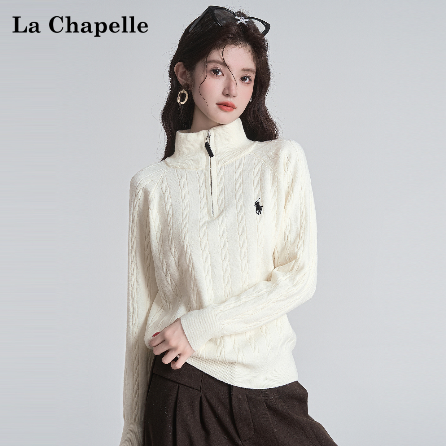 拉夏贝尔杏色半拉链套头毛衣女秋冬季内搭打底针织衫保暖高领上衣