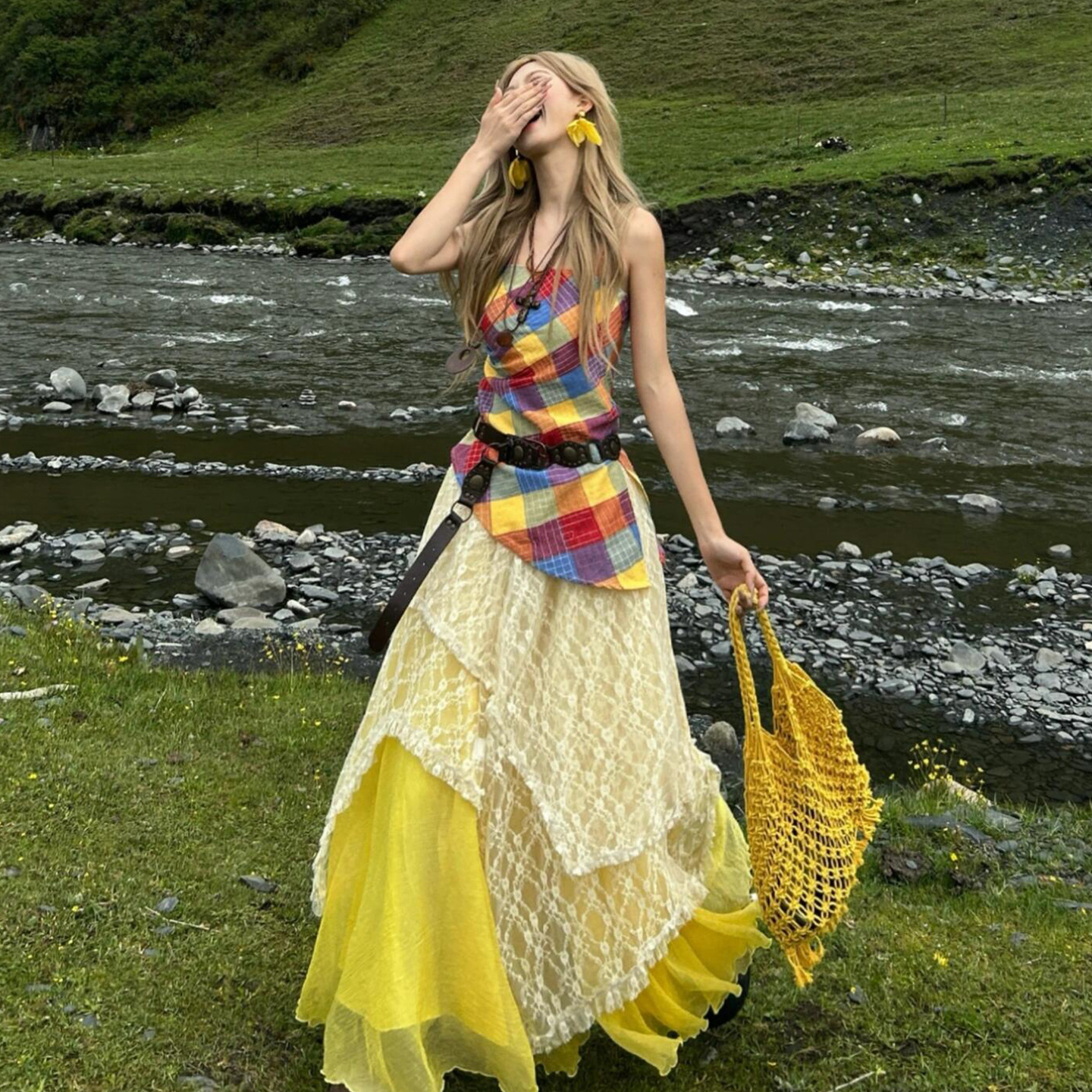 【现货+运补】法式格纹抹胸套装云南新疆草原旅游穿搭长裙5813