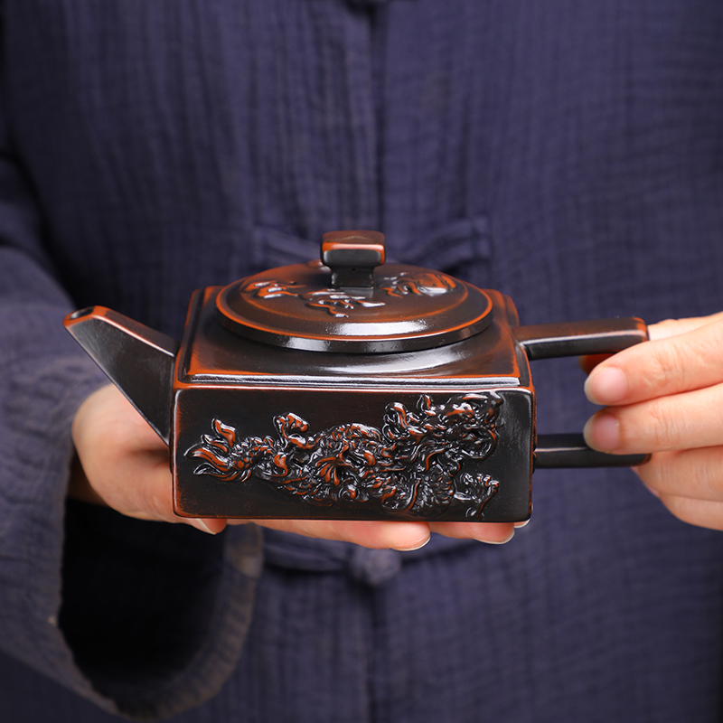 紫陶四方龙壶凤鸣壶大容量家用中式泡茶壶复古大号紫砂壶