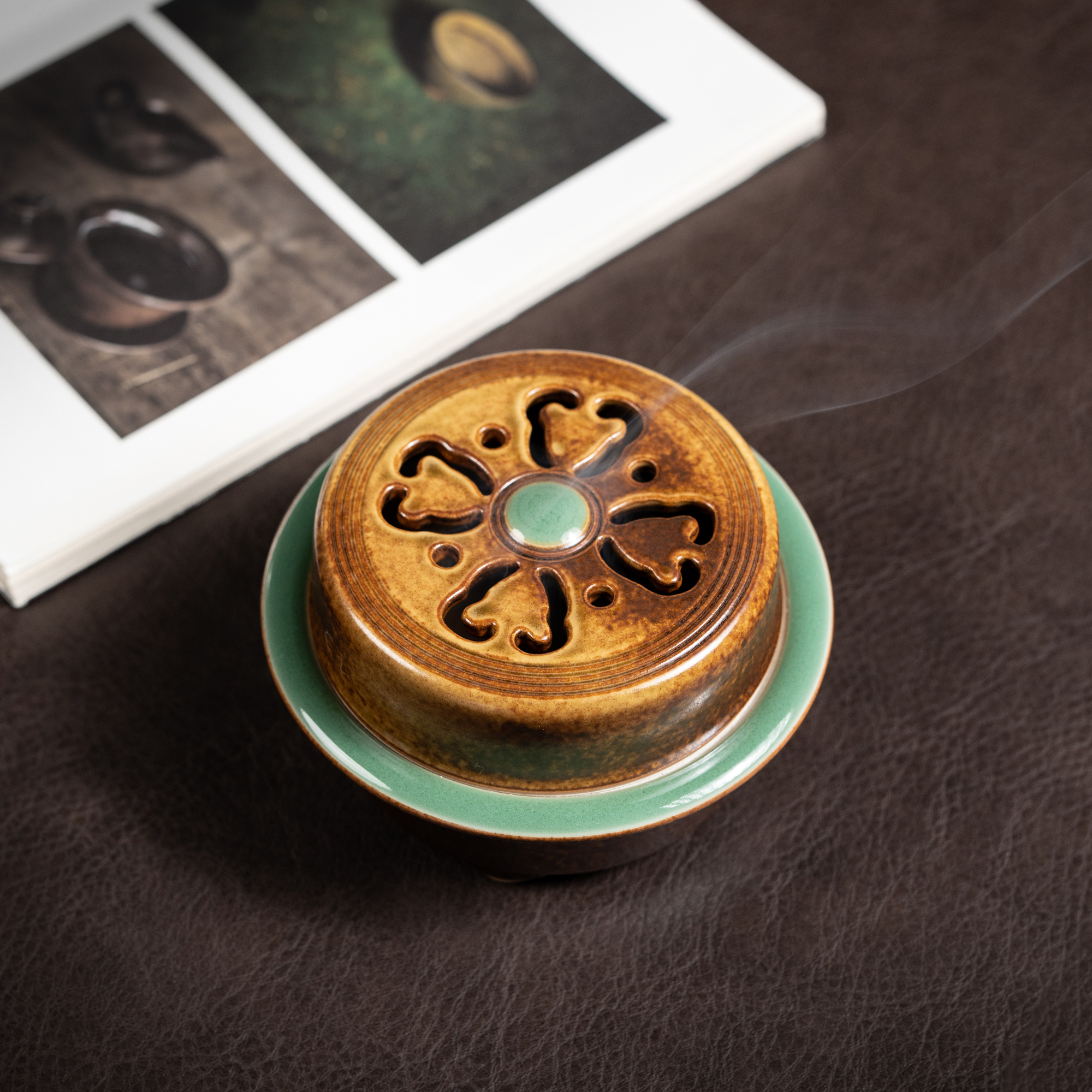 本土斋高端草木灰玉珠盘香炉茶室家用香薰炉香道茶道镂空陶瓷纂香