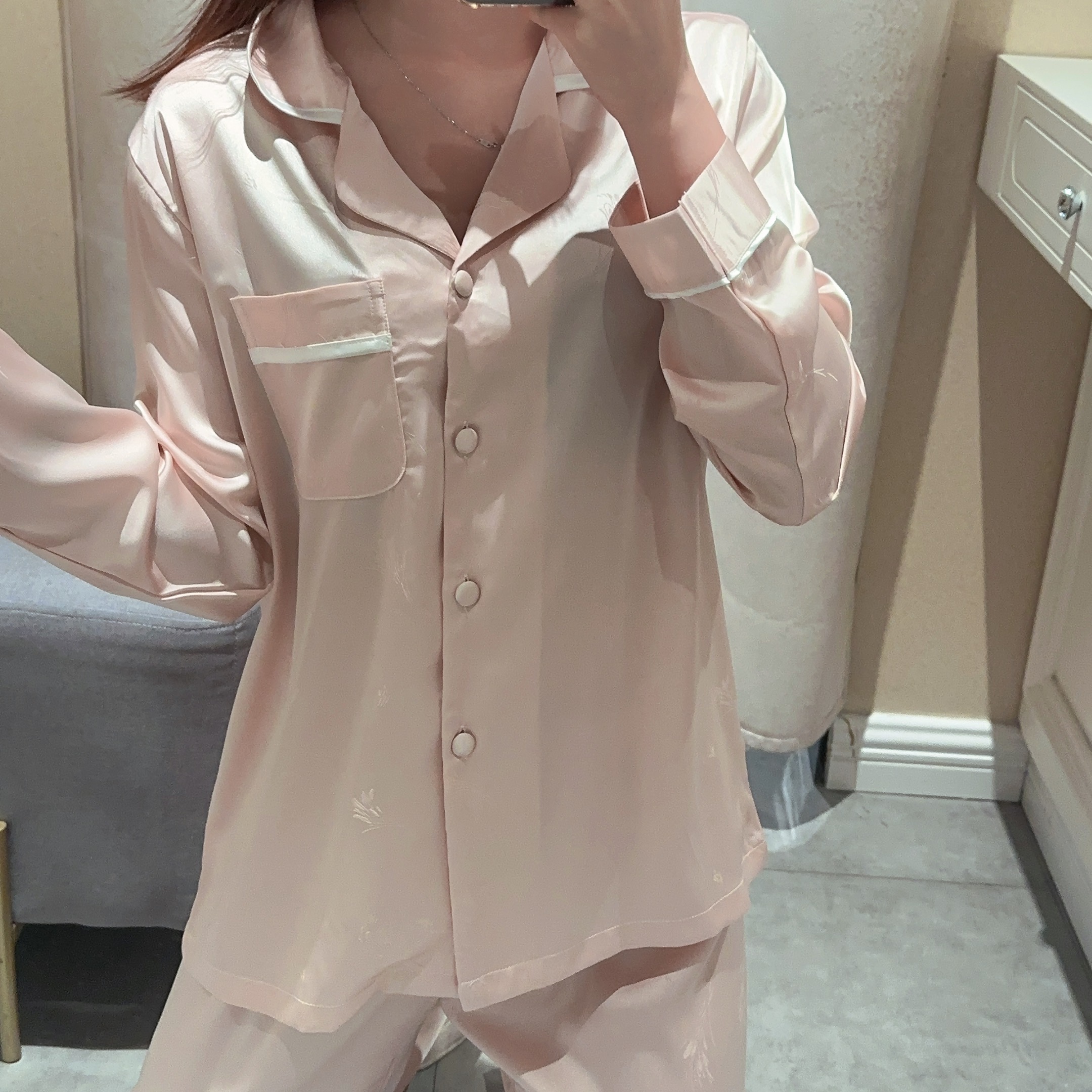 春夏新款纯色高级感牛奶丝睡衣气质优雅透气舒适女长袖长裤1800