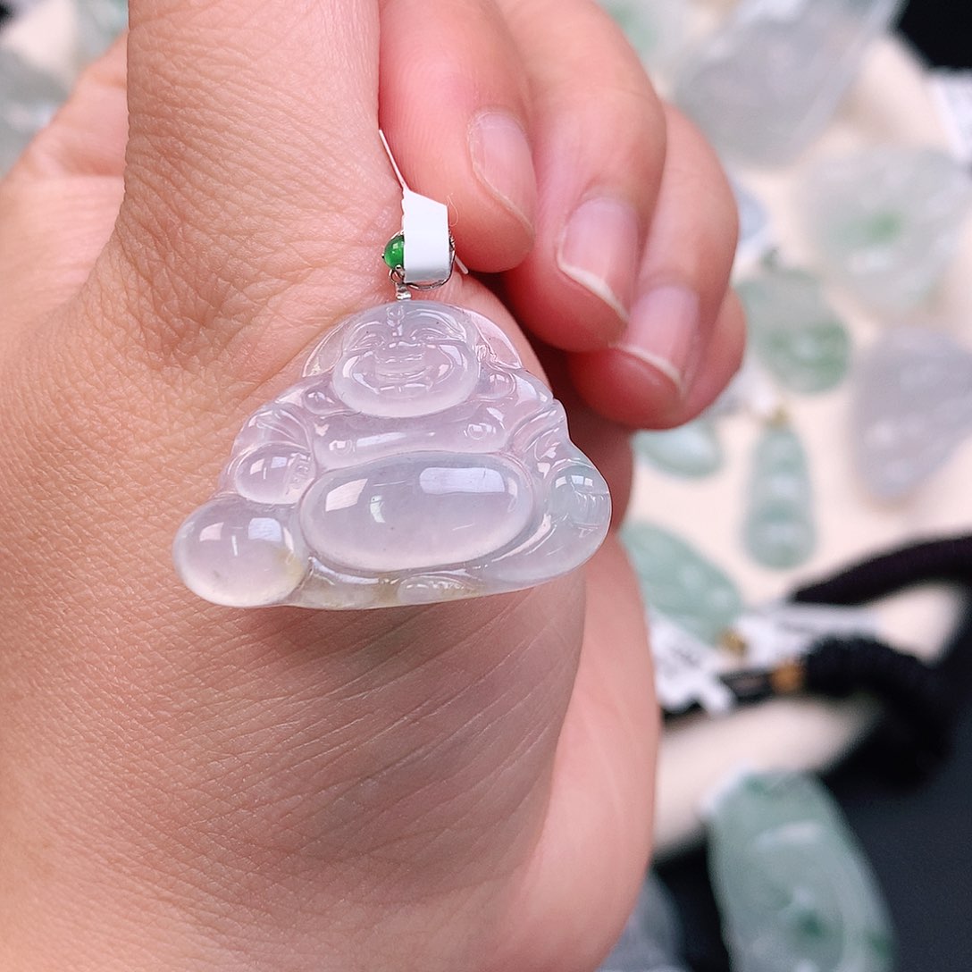 翡翠颈饰18K金镶嵌冰胶布袋佛