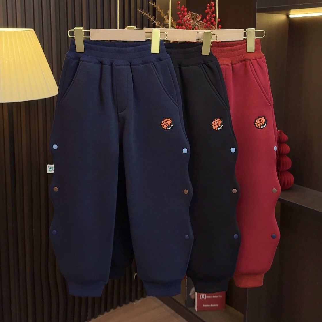 儿童加绒竹节棉波浪裤男童冬季新款中大童时尚休闲束脚裤25D50