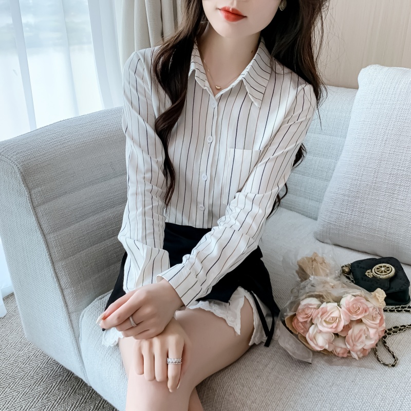 秋季2025新款女装POLO领条纹纯棉衬衫女长袖洋气全棉时尚休闲上衣