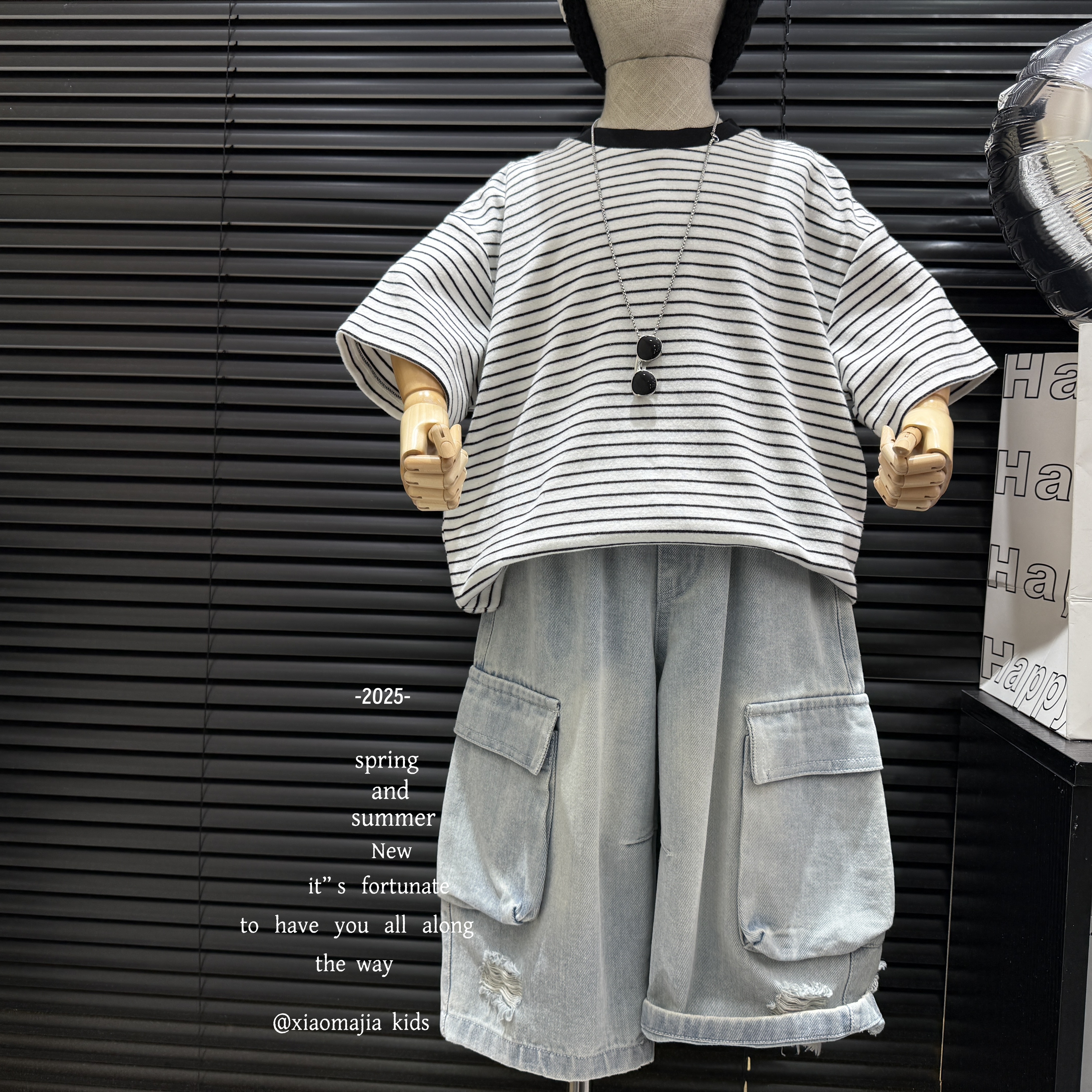 现货-儿童夏季新款时尚条纹T恤D-5277欧若风穿搭宽松男童女童上衣