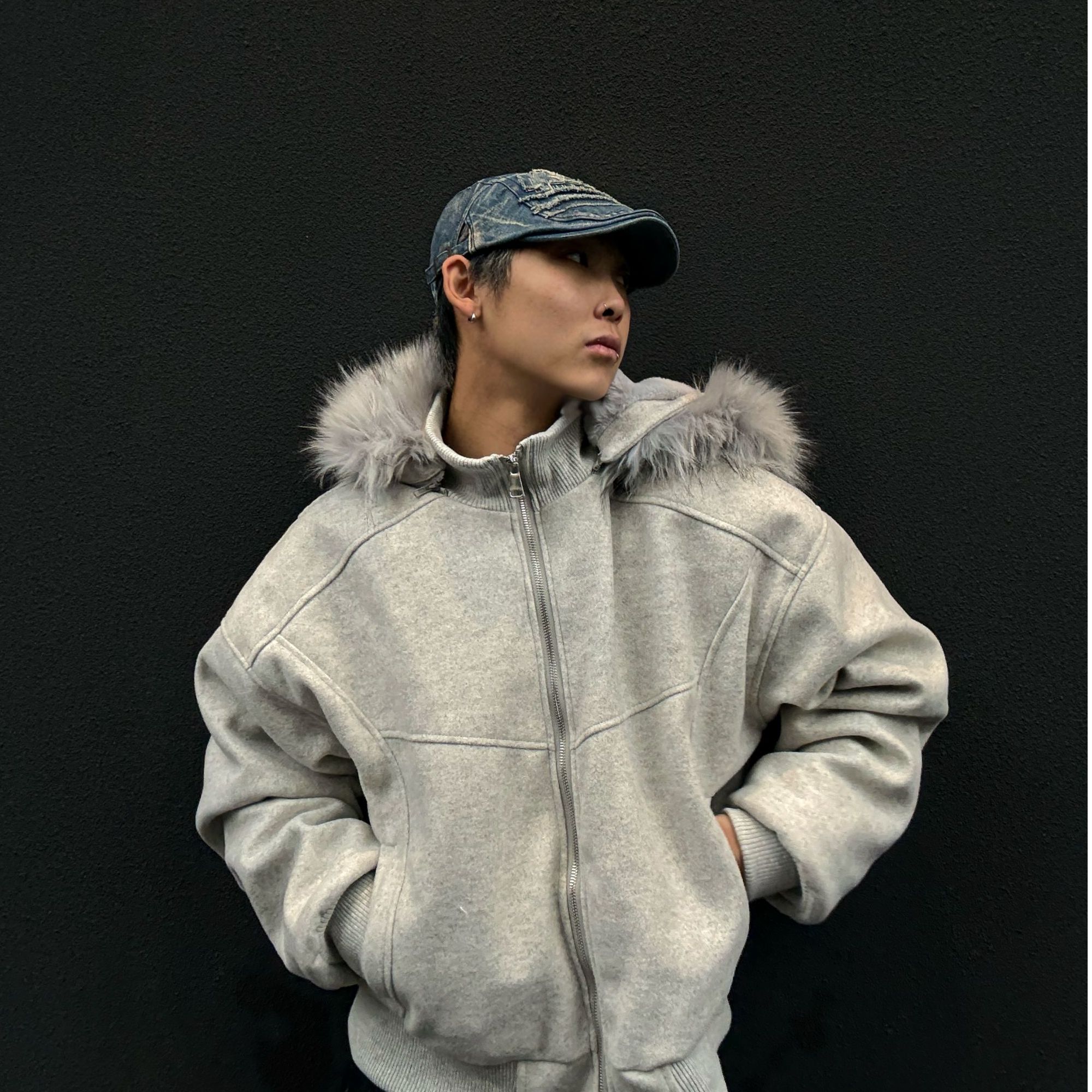 SKATEPARK“呢子毛毡“座山雕”复古怀旧可拆卸连帽短宽冬季棉服外套