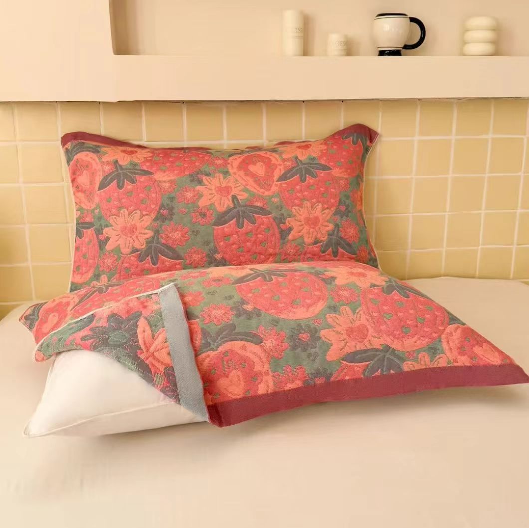 （草莓）52*78cm纯棉纱布加厚四季可用枕巾一对两条