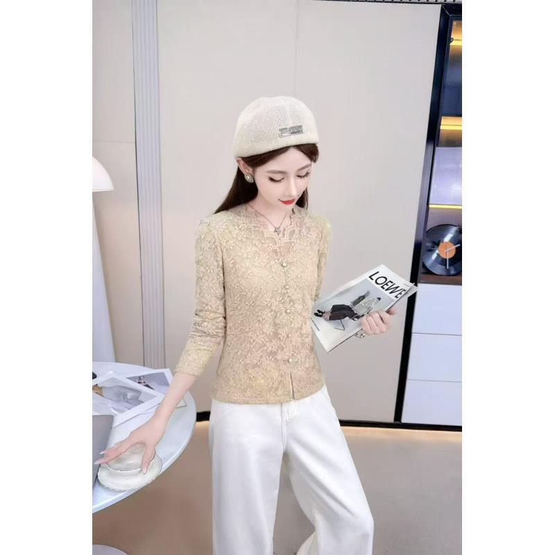 0647#小扣子蕾丝长袖上衣女衬衫显瘦洋气时尚百搭简约气质秋冬