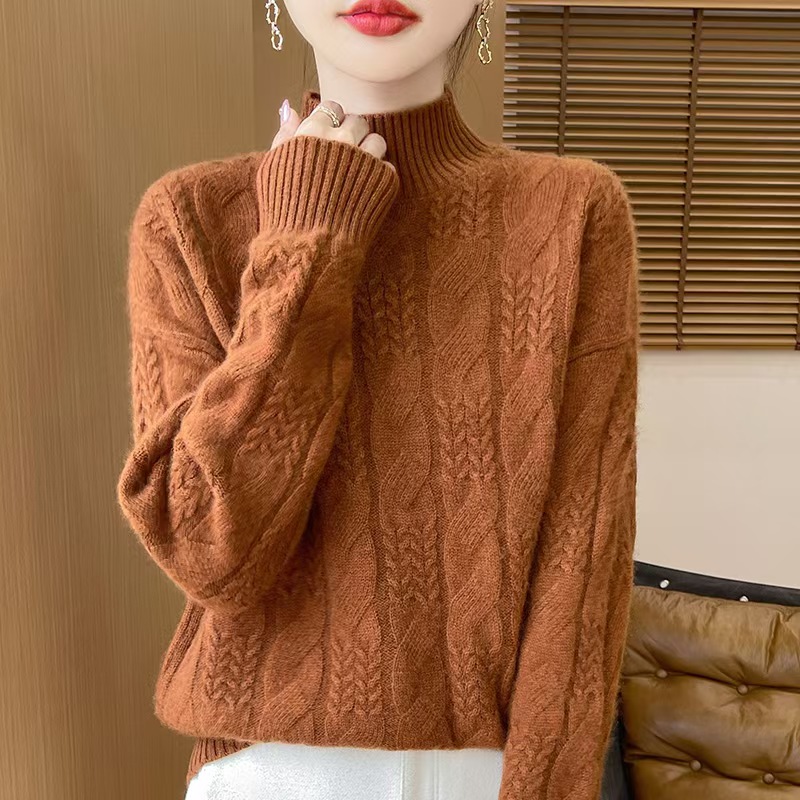 高端100%羊毛衫女半高领毛衣加厚大麻花秋冬小麦穗绞花针织打底衫