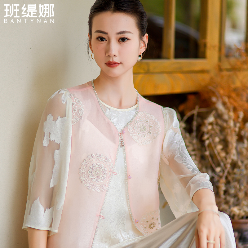 [南星]欧根纱绣花马甲马夹刺绣圆领夏季气质时尚百搭复古古风薄款