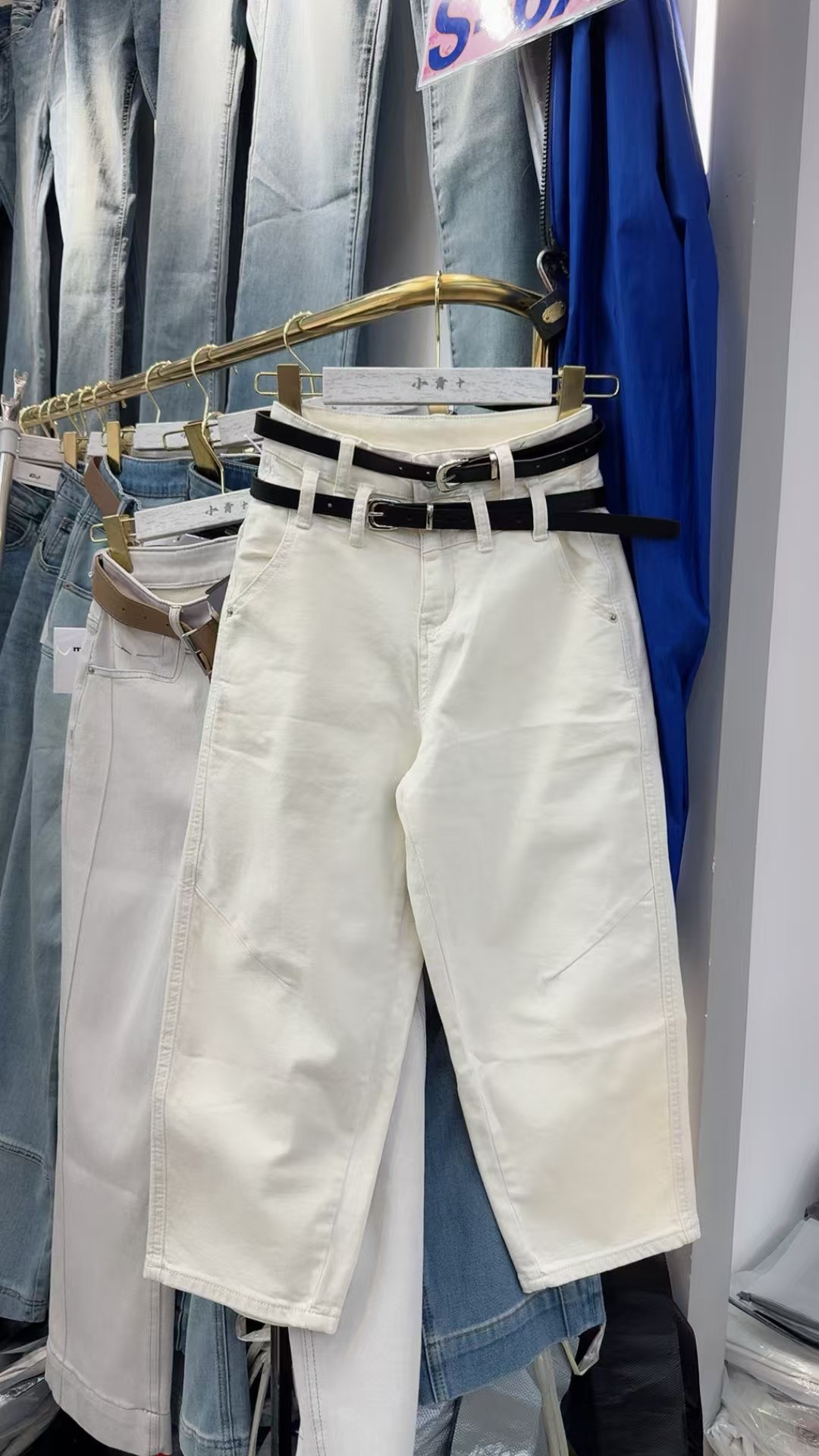 （柒贰柒服饰212）25春季新款白色双腰带潮流时尚百搭九分牛仔裤