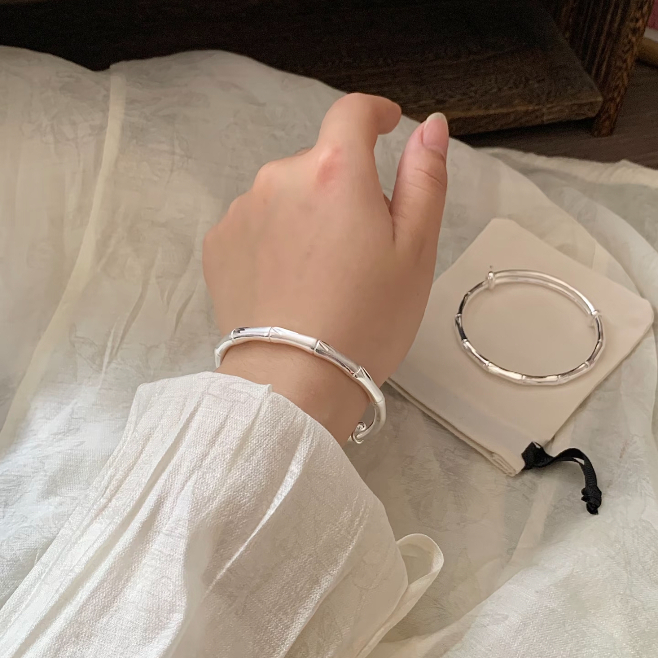 铜合金手镯 999  银同款  磨砂工艺竹节推拉手镯  YZK231