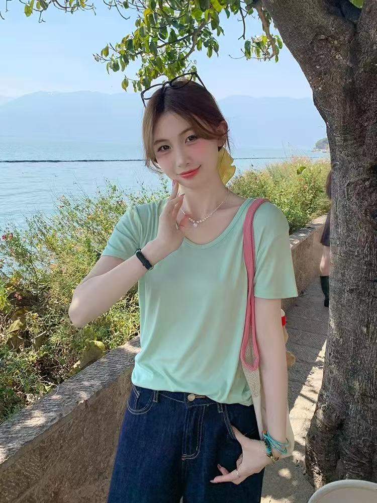 （开叉）简约螺纹软糯弹力t恤女夏季显瘦短袖(C8-11)XM002/XM004