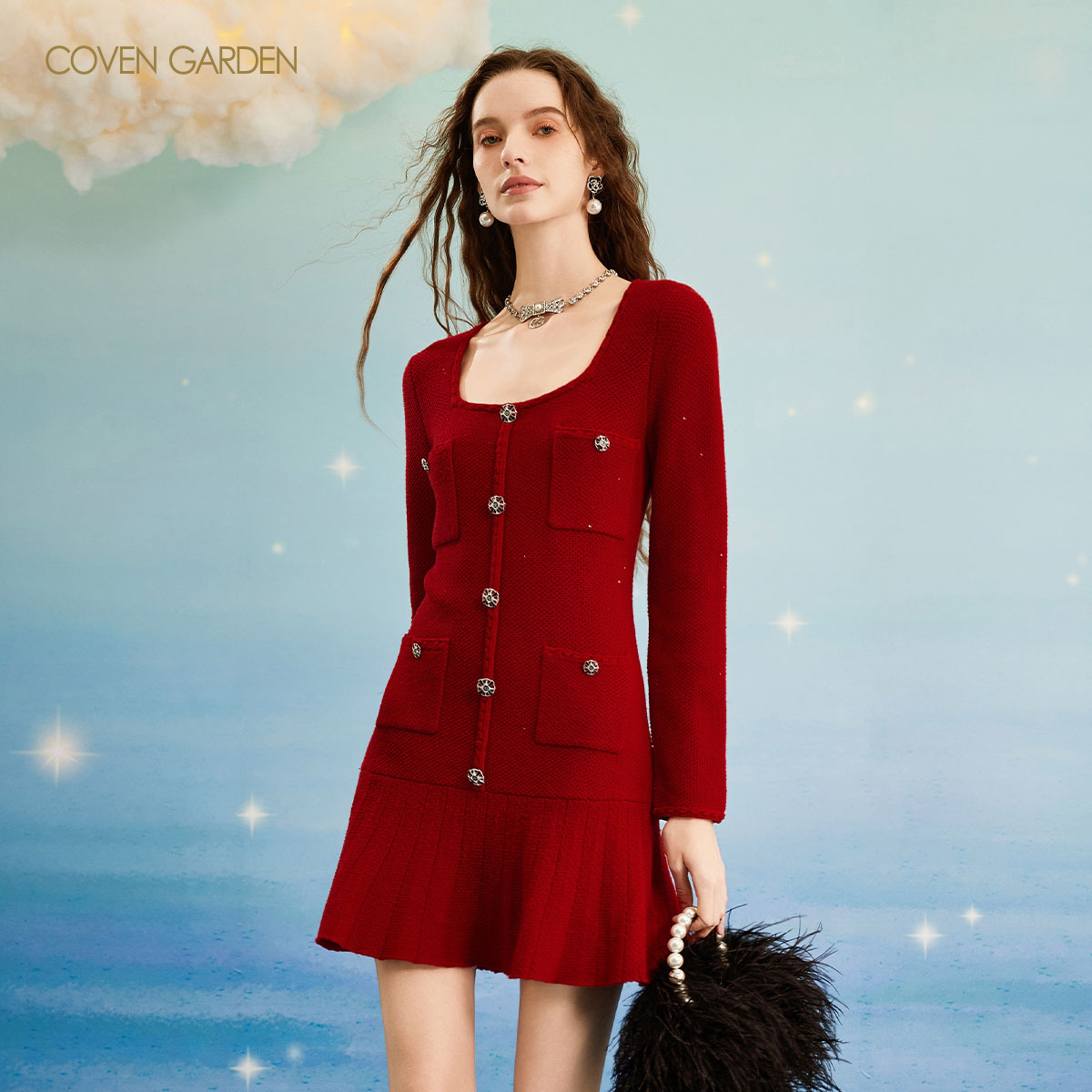 哥文花园 复古方领连衣裙 CLA4031400