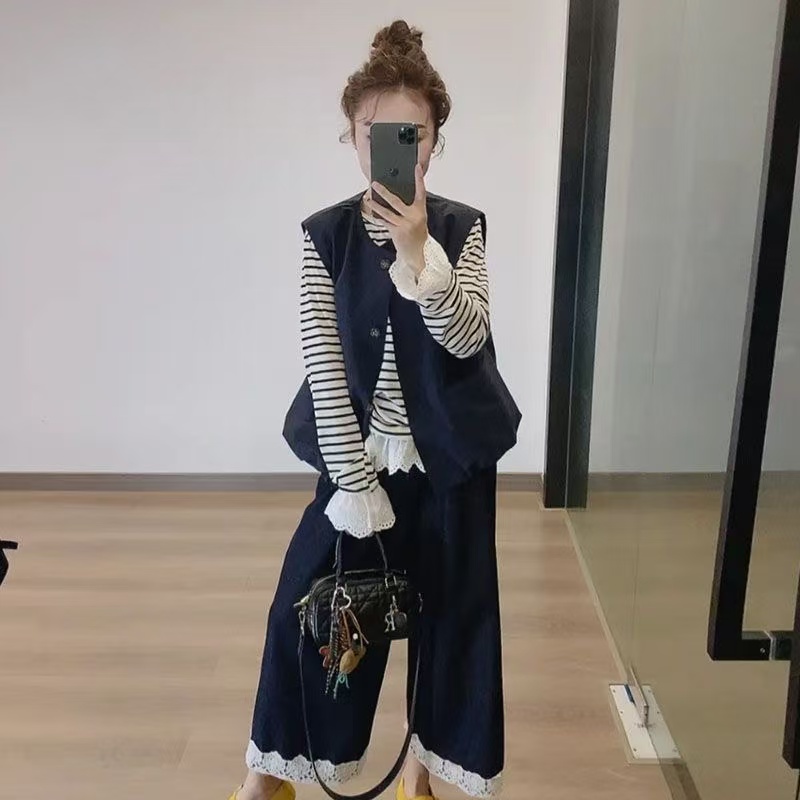 75297大码穿搭整套新款洋气时尚叠穿马甲上衣女蕾丝阔腿裤两件套
