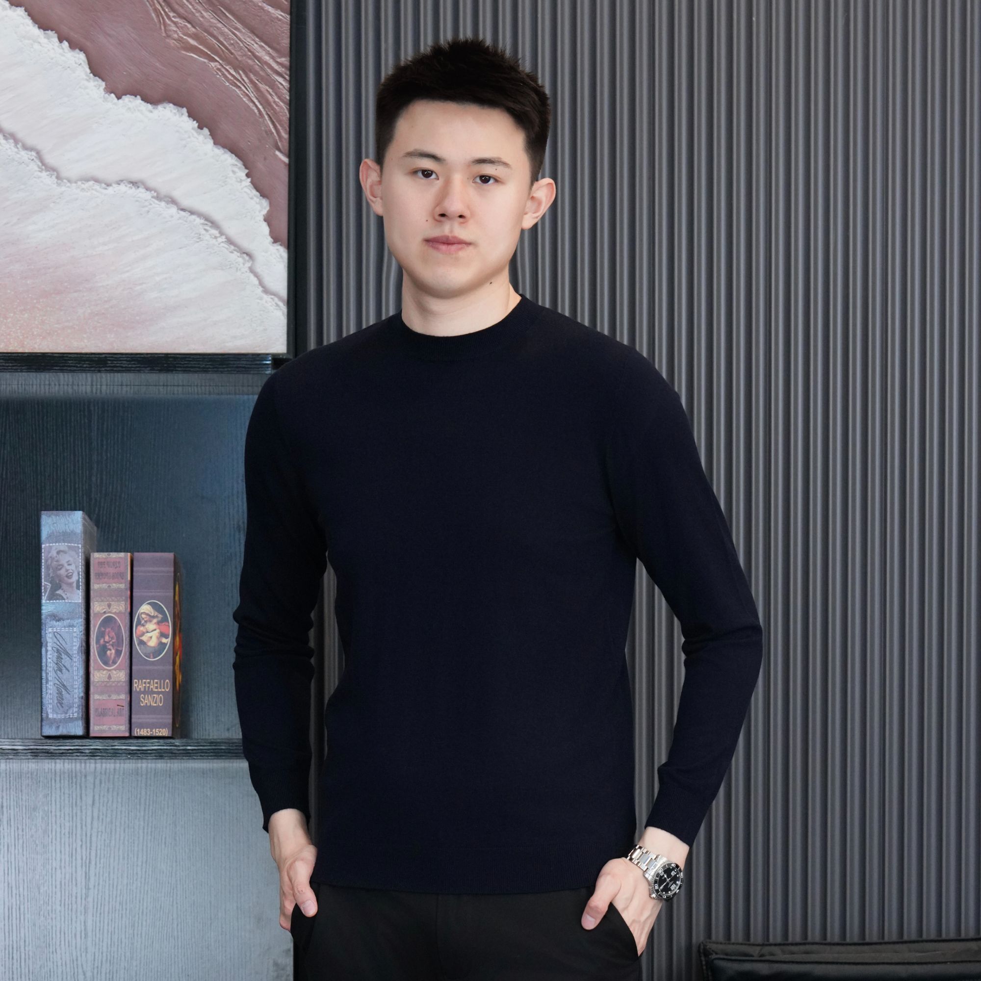 【Bing哥哥】秋冬套头法意式简约纯色圆领百商务休闲男士针织衫