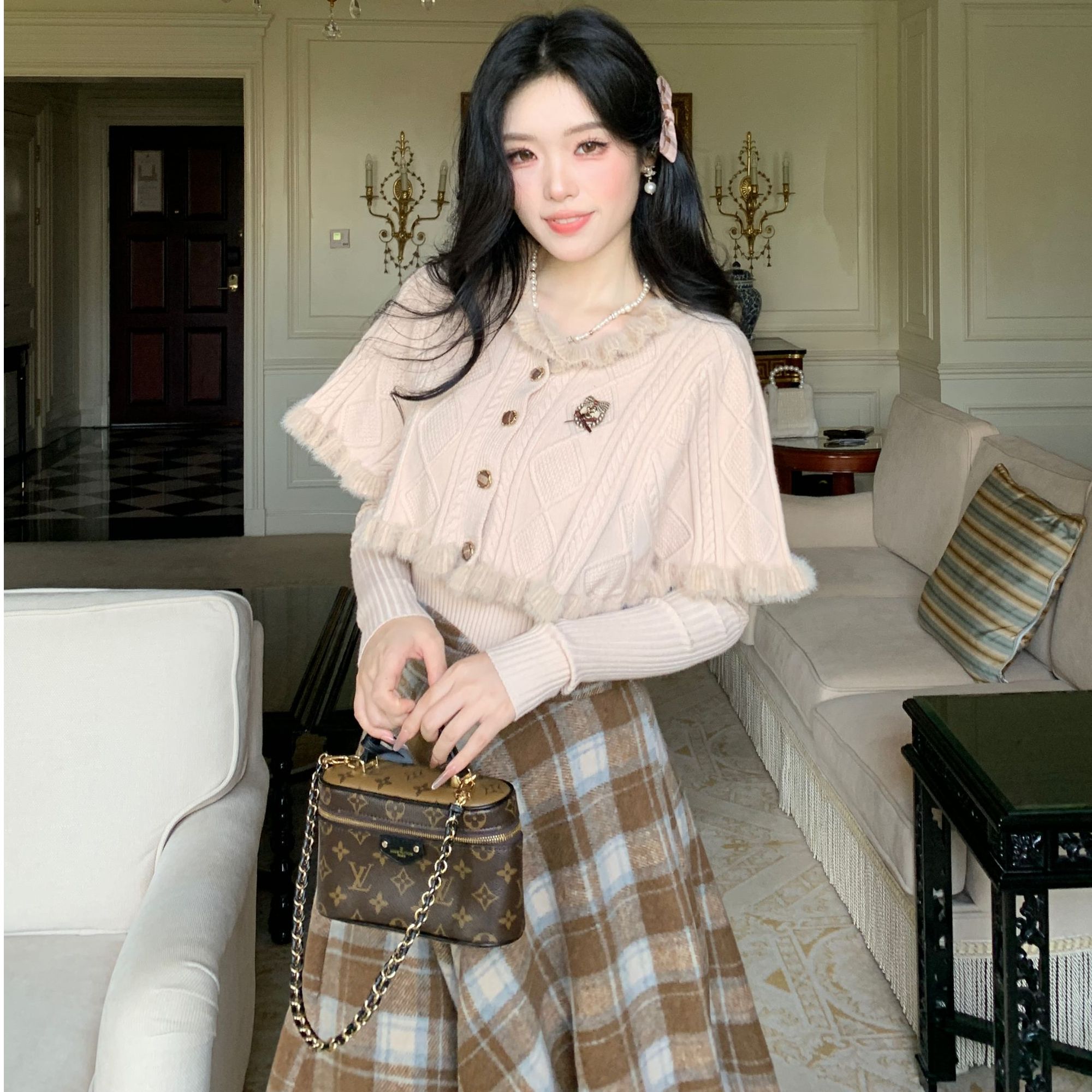 Blovelan法式复古格子半身裙女秋冬新款高腰显瘦a字长裙