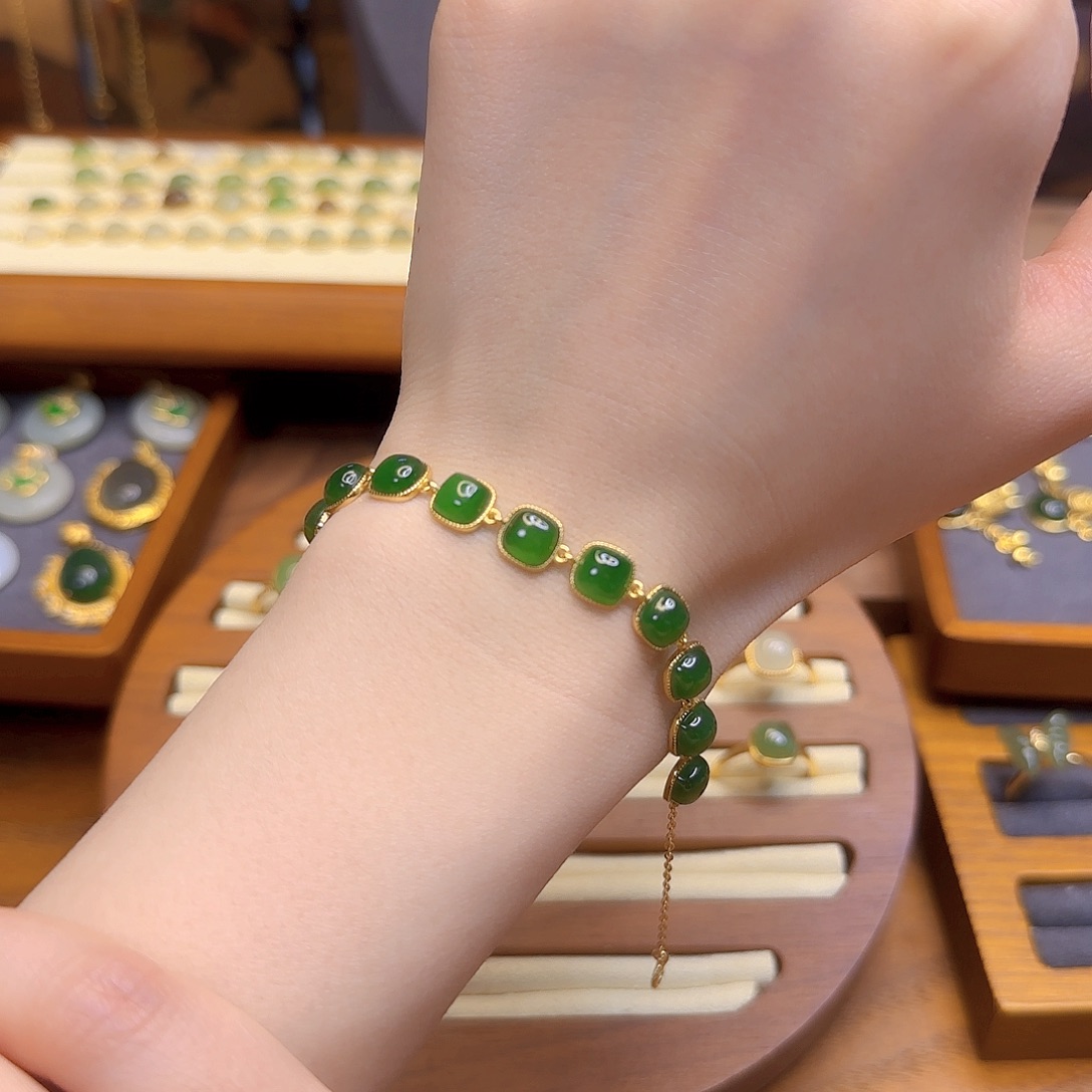 和田玉手链银S925镀金镶嵌