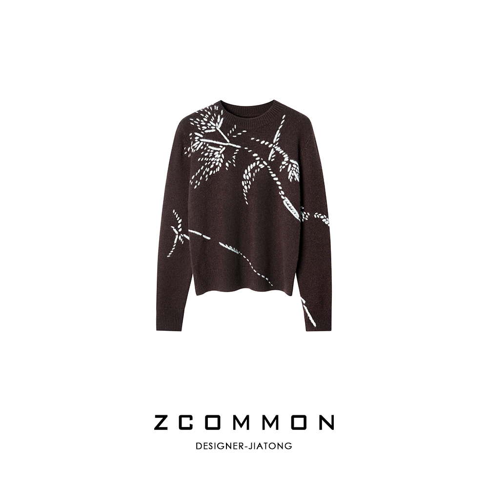 Z common撞色刺绣绵羊毛圆领设计师休闲套头针织秋冬毛衣 2505245