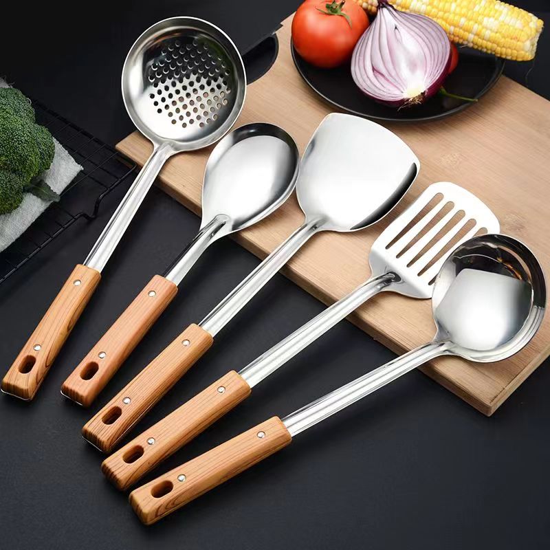 家用厨房不锈钢仿木柄烹饪厨具套装炒菜煎铲汤勺子厨具五件套