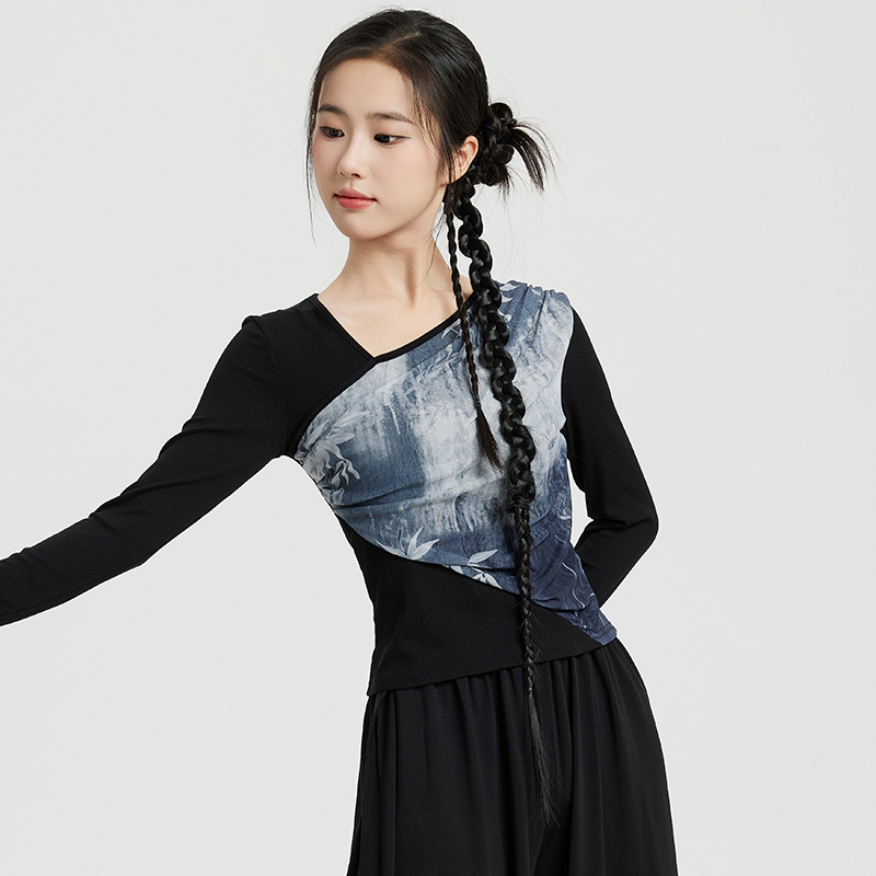 现代舞中国风新中式拼接水墨水纱斜领长袖套指舞蹈练功形体服显瘦