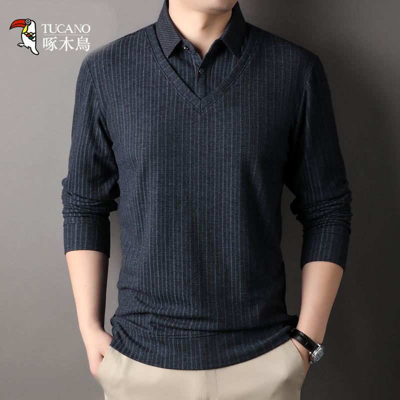 【百搭假两件】啄木鳥2025春秋新款长袖翻领POLO衫男士休闲上衣