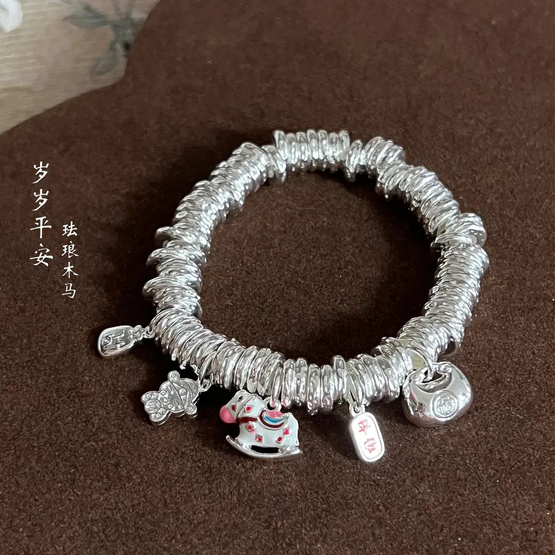 足银手镯 999.9新中式珐琅木马盘缠手链财神福包平安手串送女友礼