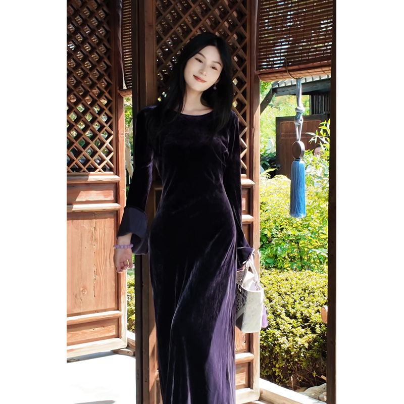 泊风ozen【凌霄花】设计师原创汉服复古真丝丝绒长款连衣裙