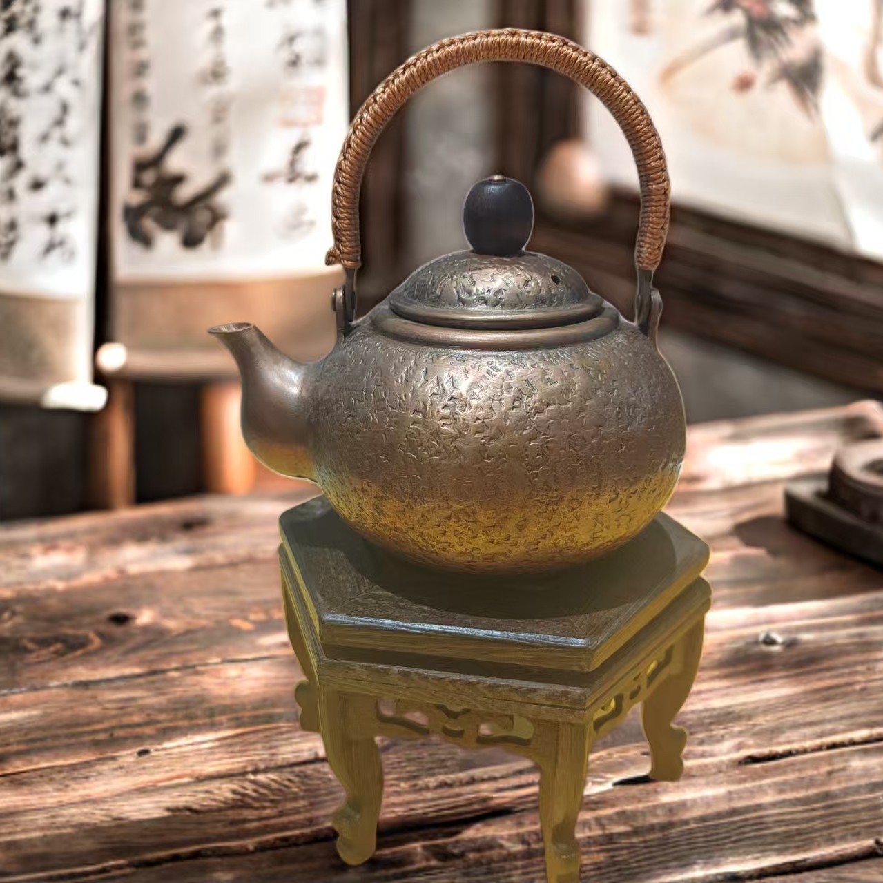 民间纯手工錾刻紫铜茶壶，可煮水的实用茶具，运城德孝文化出品