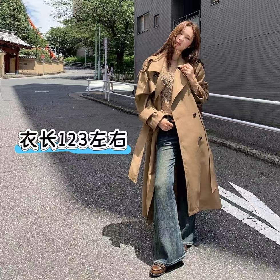  凤儿家-90126 英伦风长款翻领风衣外套（带腰带）