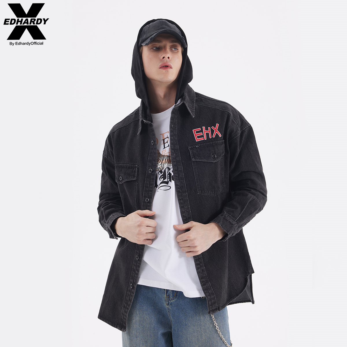 EDHARDY X虎头连帽牛仔长袖衬衫外套春装男士男女同款X1ODUD09