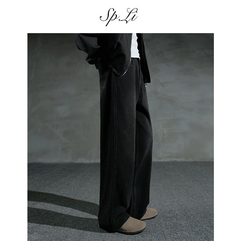 SPLi【三本针】黑牛新款休闲直筒裤高街复古黑色美式长裤宽松男牛仔