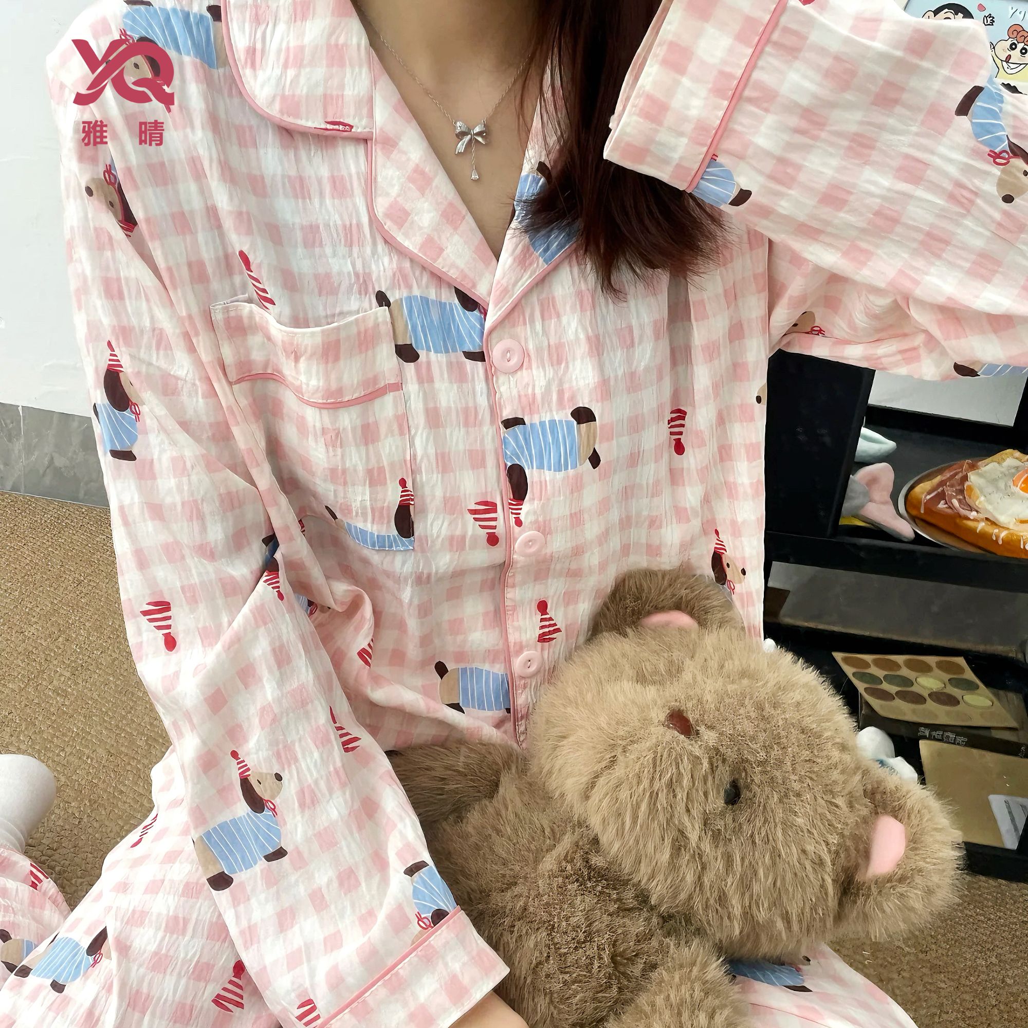 粉格腊肠狗 春秋女长袖长裤翻领显白显瘦显高纯棉睡衣套装8753-24