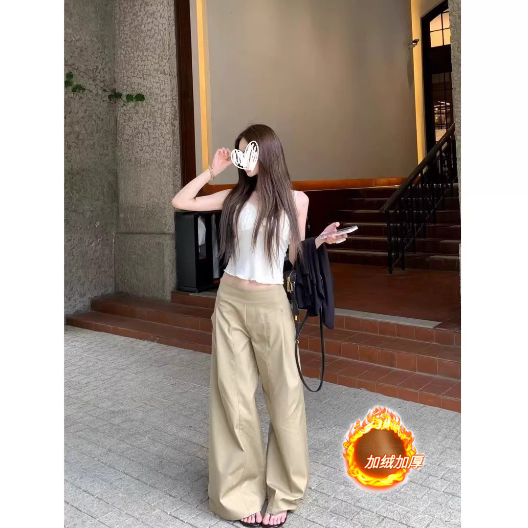 (现货）卡其色休闲裤2025秋冬女慵懒垂感小个子显瘦宽松阔腿拖地裤