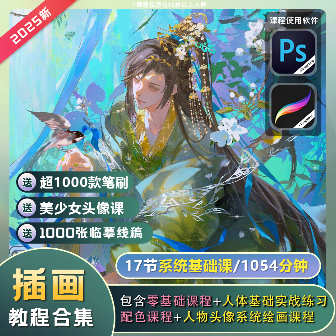 【零基础教程】板绘PS+procreate软件人物插画17节入门培训班课程商品图