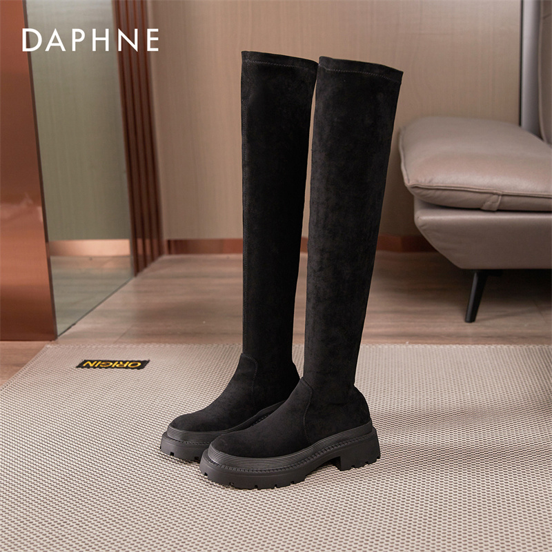 达芙妮过膝长筒靴女2025新款冬季显瘦高筒弹力瘦瘦靴厚底绒面长靴