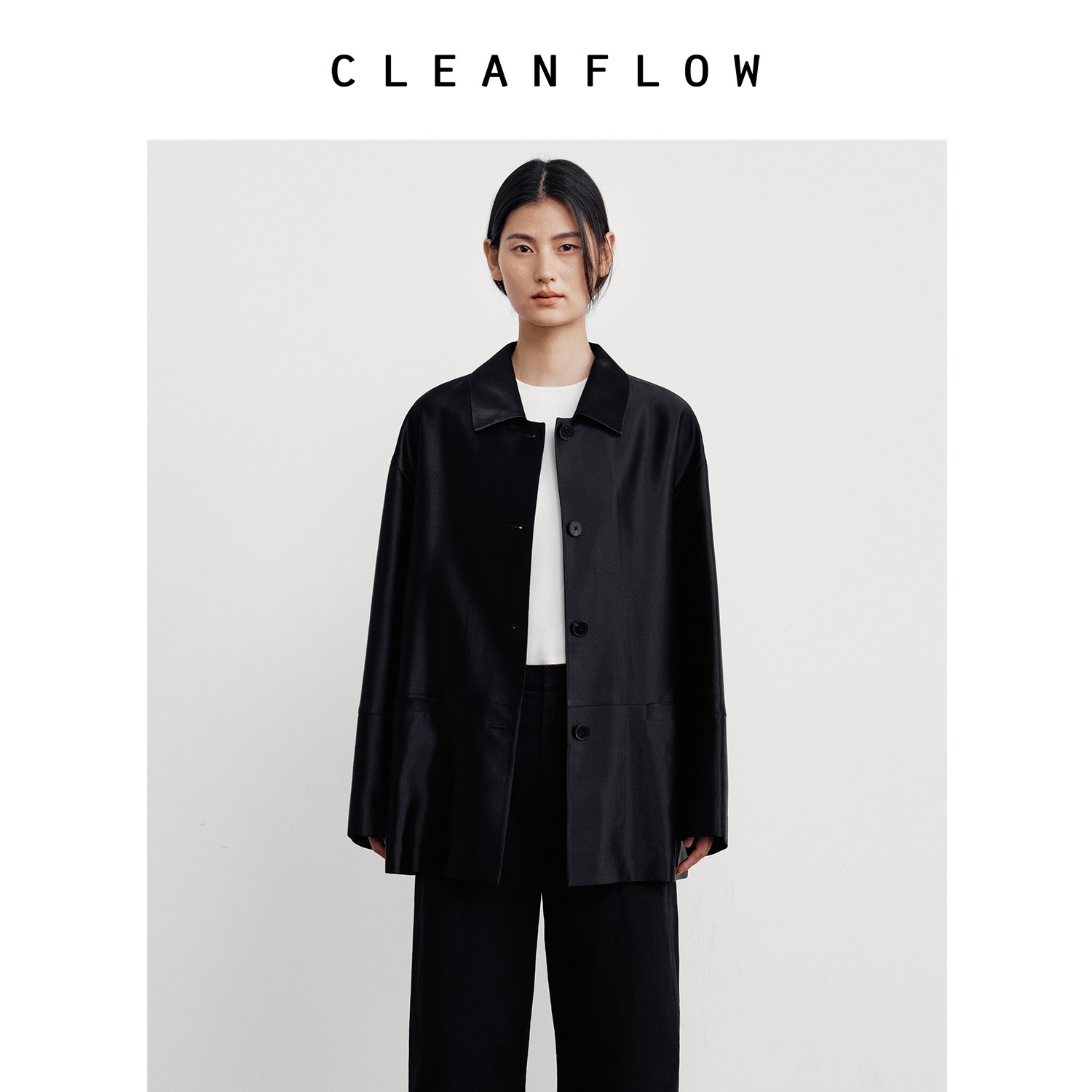 CLEANFLOW | 黑色丝毛缎翻领中长气质西装外套女2025春新款上衣