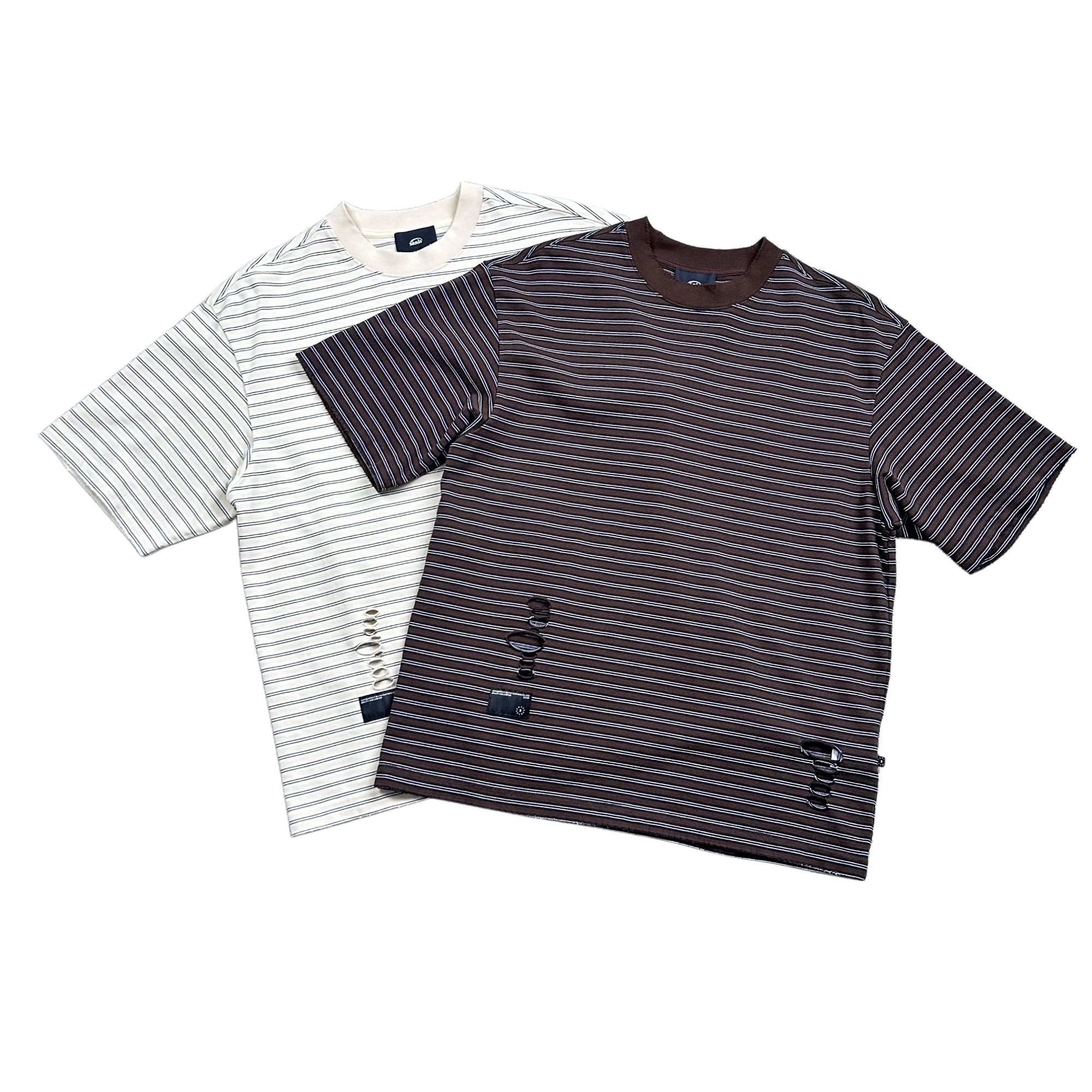 5折清货【断码NO退换】重磅个性破洞条纹圆领短袖T恤男夏季美式复古