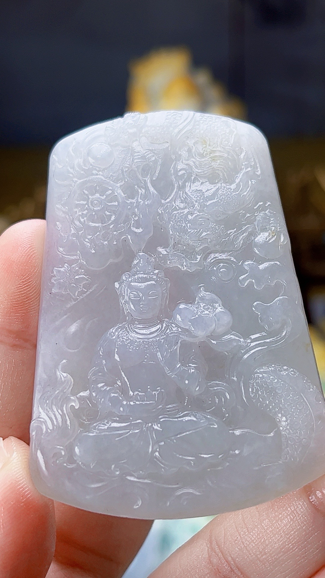 天然缅甸翡翠冰胶御龙观音毛货买断需抛光尺寸高66宽44厚5.8