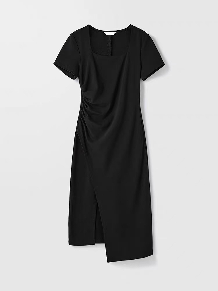 女士方领开叉修身显瘦中长款夏季连衣裙