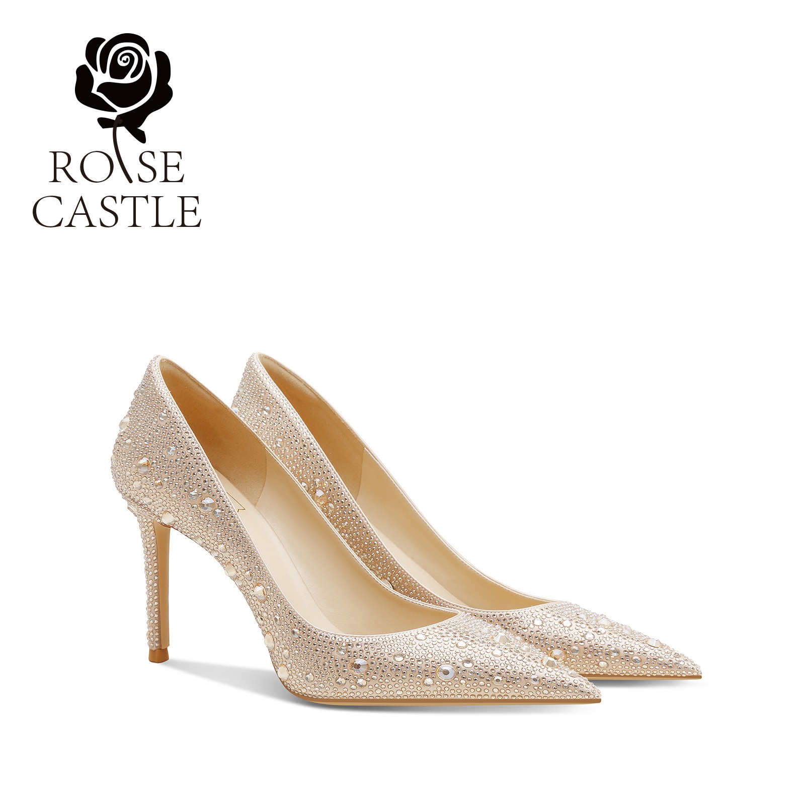 rose castle水钻婚鞋女新娘鞋 春夏浅口高跟鞋女细跟百搭气质单鞋