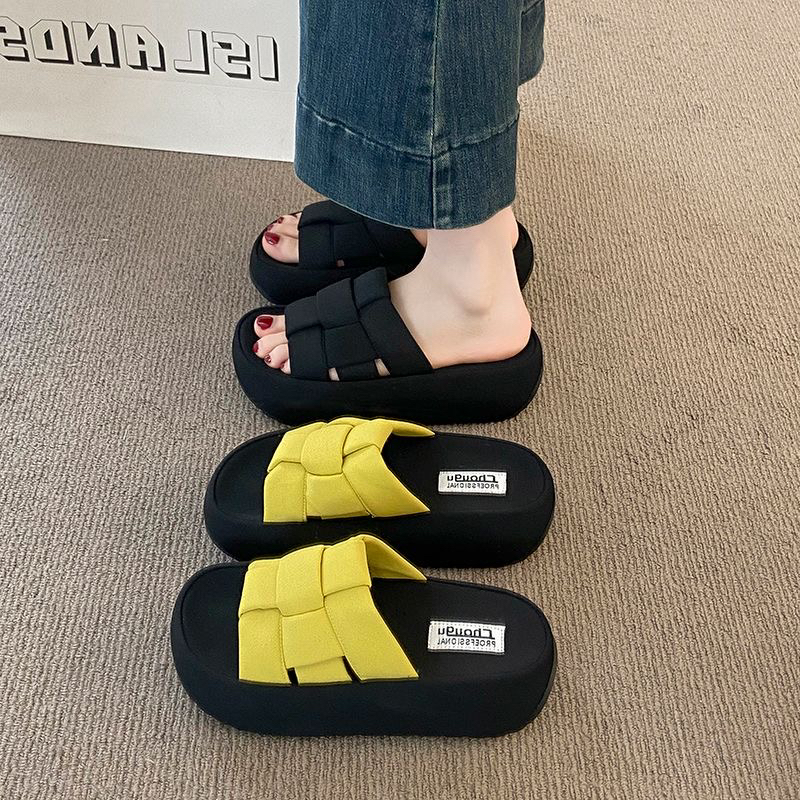 网红编织一字拖鞋女夏季外穿2025新款超火松糕厚底百搭休闲凉拖鞋