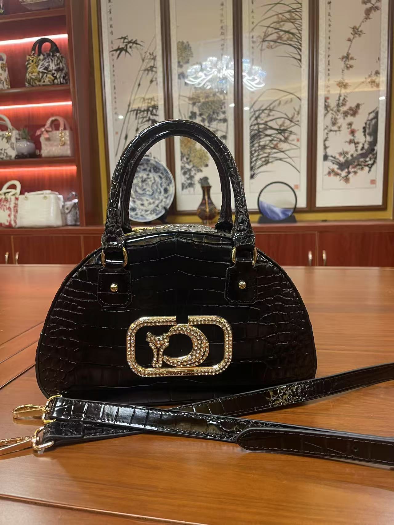 拉链贝壳包欧美复古单根单肩包单肩盒子包鳄鱼纹手拎包