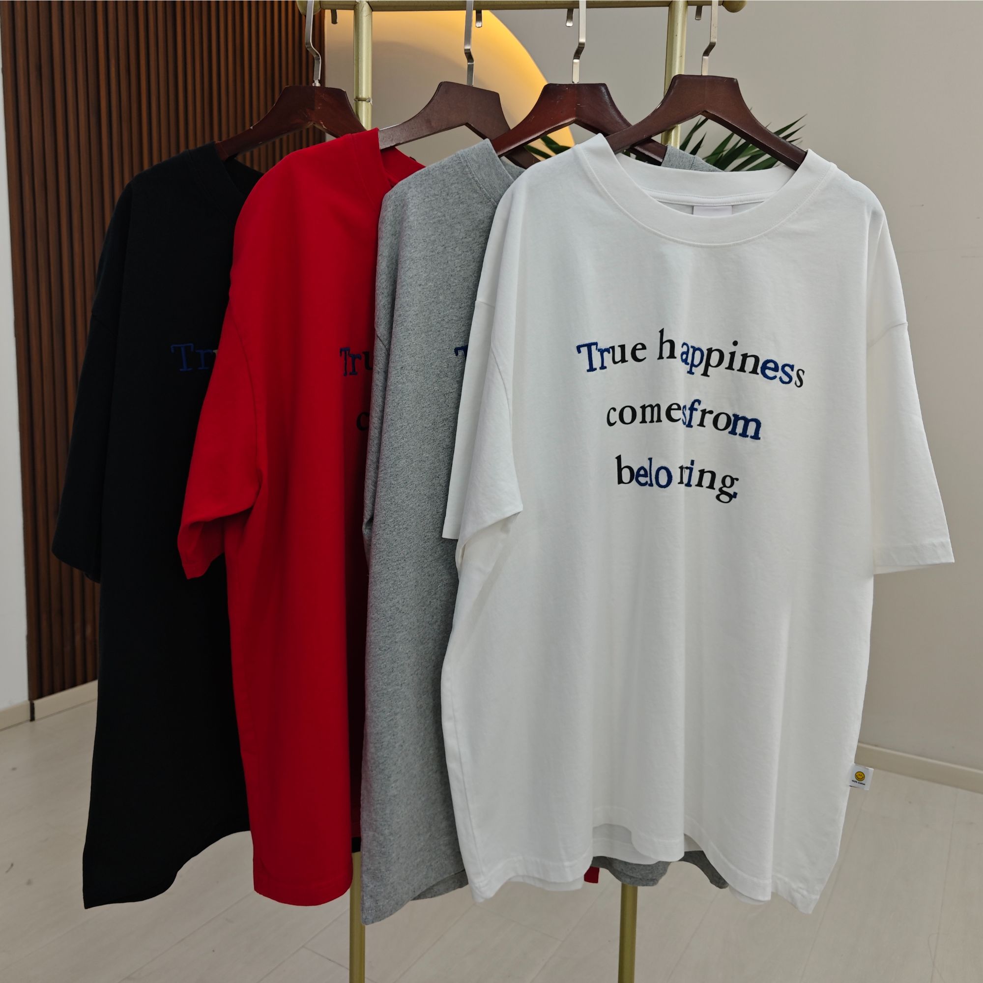 【100棉】美式休闲风简约夏季标语喷印刺绣大码宽松显瘦短袖T恤907