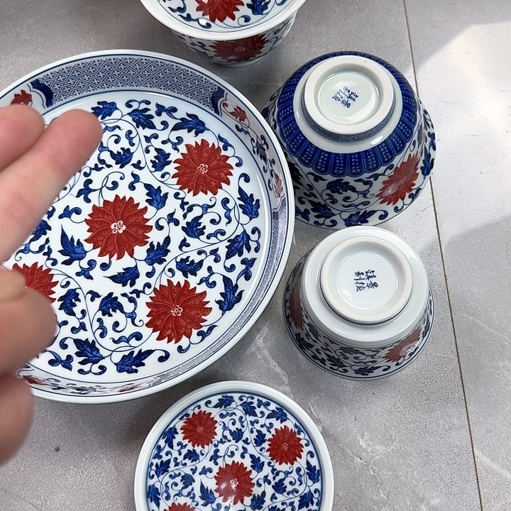 瓷片釉里红缠枝莲5件套景德镇