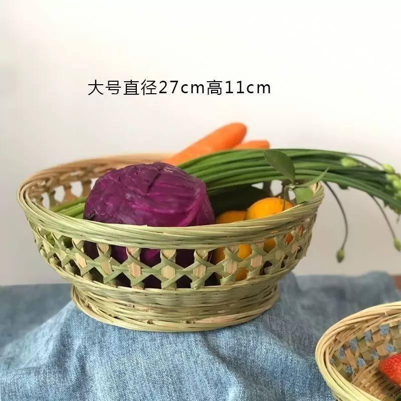 手工竹编高脚镂空水果篮家用厨房点心收纳筐竹青丝竹制品手工编