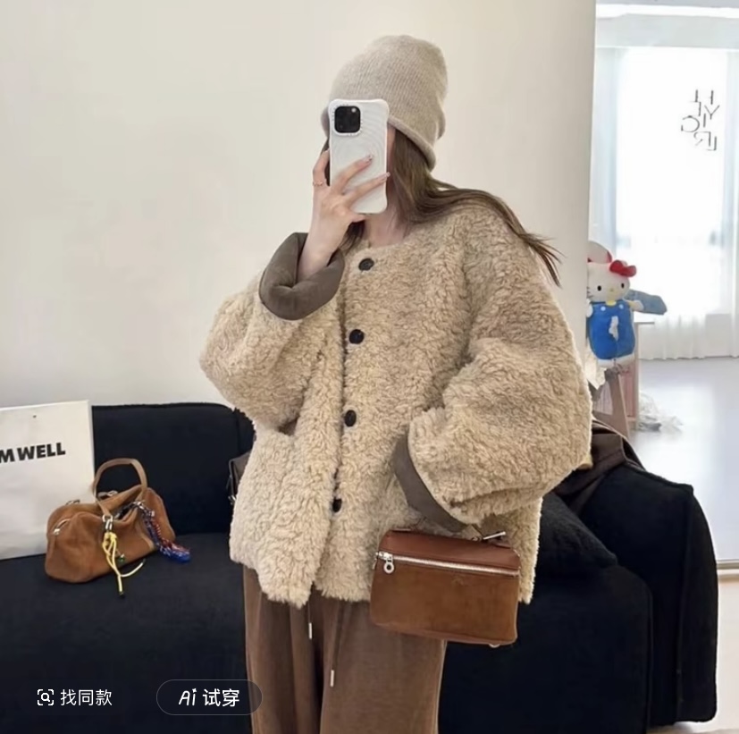 2025短款颗粒毛外套时尚时尚休闲宽松宽松宽松加厚毛绒韩版秋冬