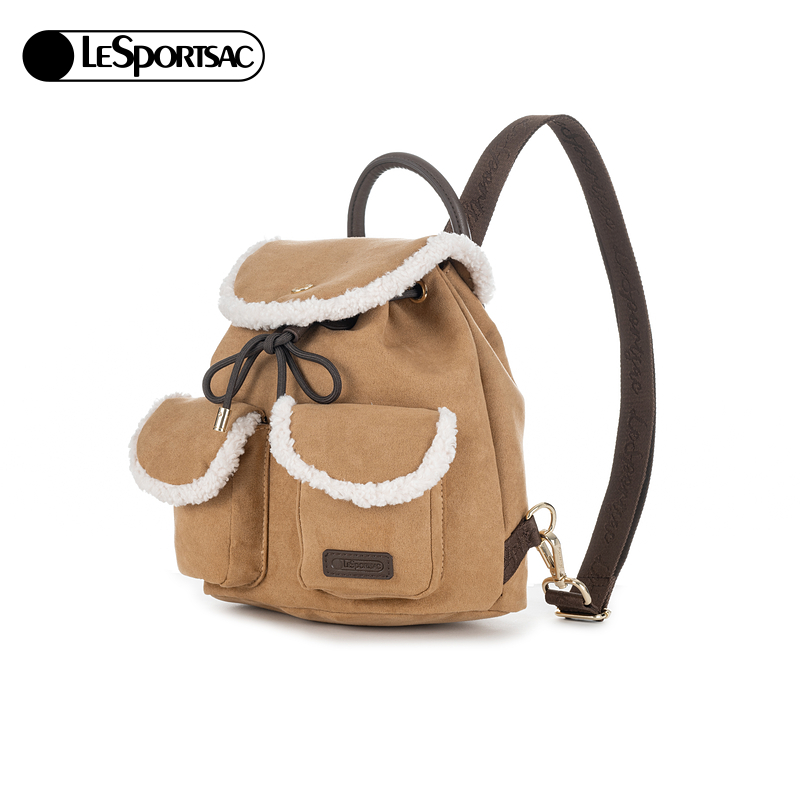 LeSportsac乐播诗秋冬女毛包仿麂皮包抽绳双肩包多功能两用斜挎包